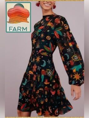 NWT🌙✨Farm Rio Black Cerrado Sky Celestial Printed Ruffle Mini Dress SMALL